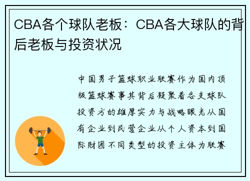 CBA各个球队老板：CBA各大球队的背后老板与投资状况